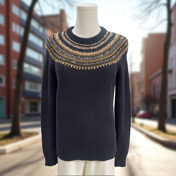 The Reeds Navy Fair Isle Sweater Women S Gold Metallic Knit Winter Cottagecore - Picture 1 of 10